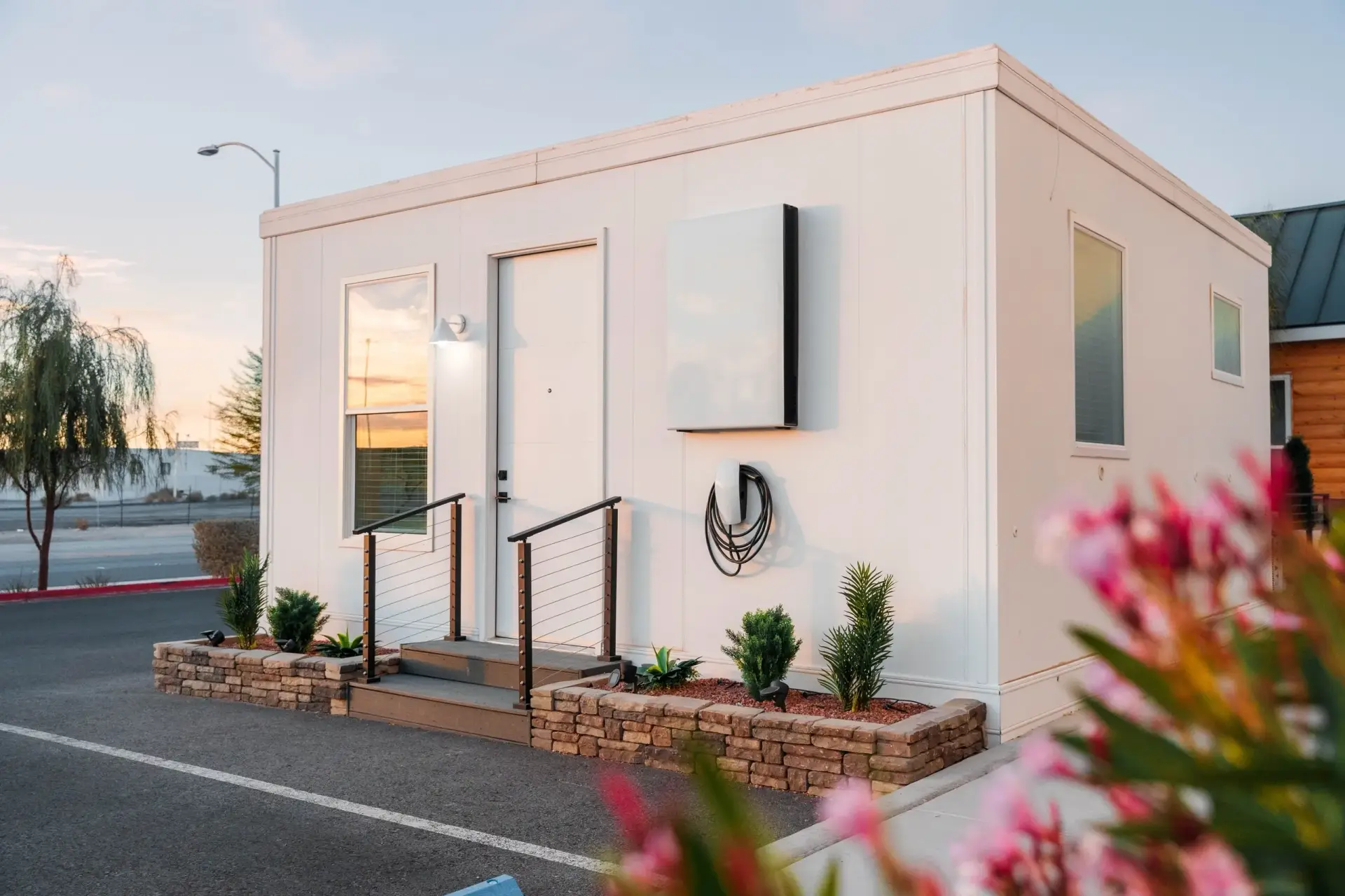 Boxabl modular home exterior with modern design, entry steps, and energy-efficient features, showcasing sustainable living options in San Diego.
