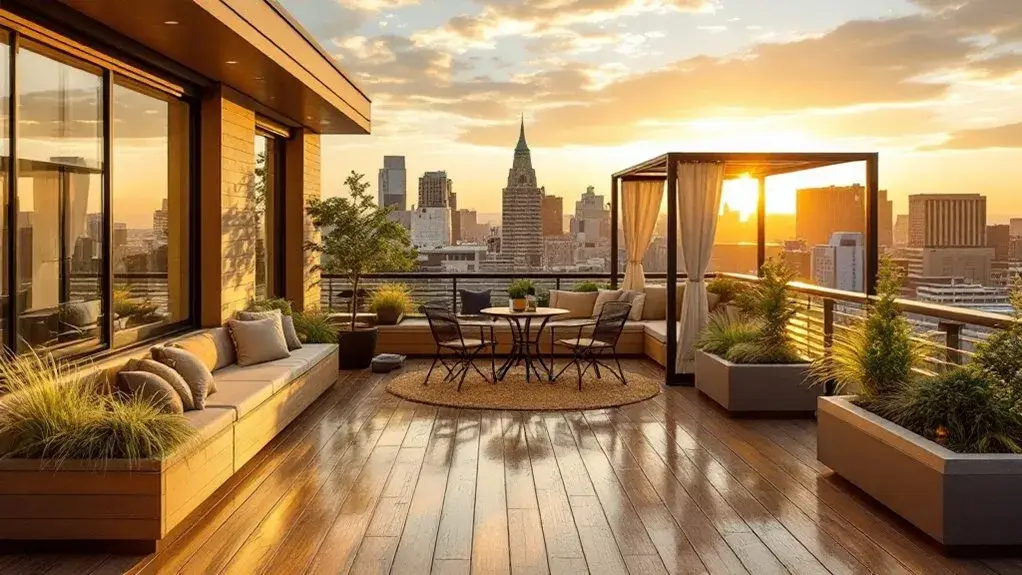 Smart deck design for small outdoor spaces with multi-functional furniture and vertical elements by Southwest Builders.