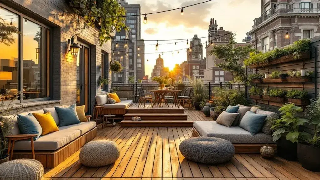 Small outdoor deck design showcasing multi-functional furniture and vertical elements by Southwest Builders.