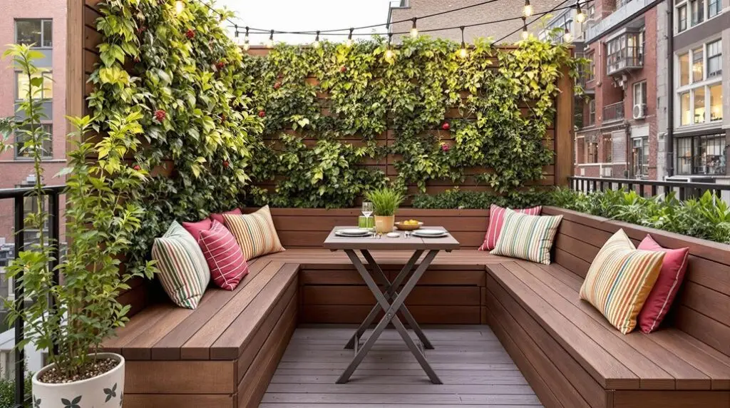 Cozy small outdoor deck with built-in seating, colorful pillows, and lush greenery, showcasing smart design for maximizing relaxation in limited space.