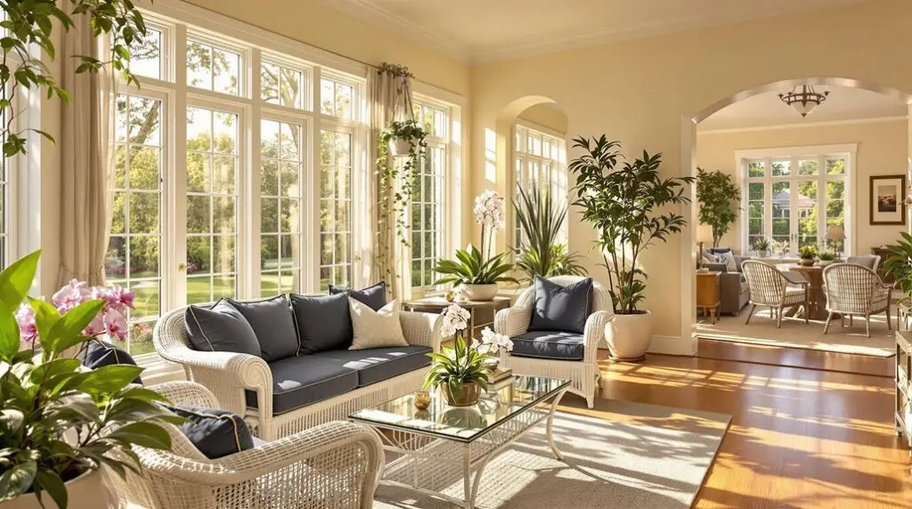 Bright sunroom with large windows, comfortable seating, and indoor plants, showcasing a blend of indoor luxury and outdoor views, enhancing living space and home value.