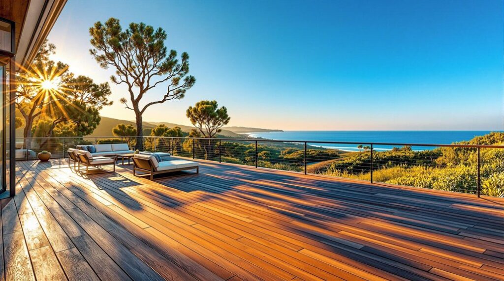 Stunning ocean view from a modern deck in San Diego County, featuring wooden flooring, lounge chairs, and sunlight filtering through trees, emphasizing outdoor relaxation and design potential.