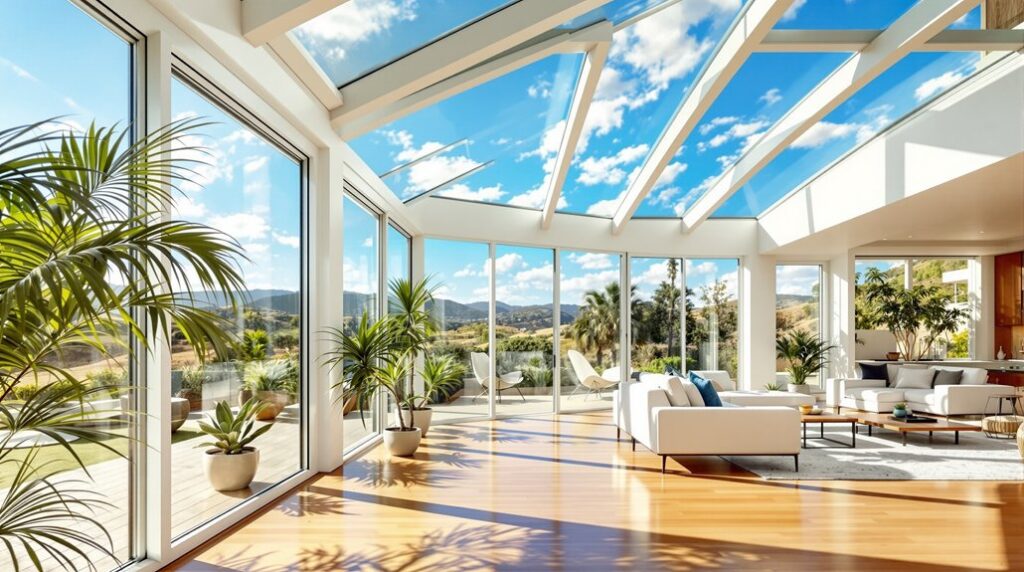 Bright sunroom with expansive glass windows and skylights, showcasing lush indoor plants and a scenic outdoor view, enhancing natural light and home value in San Diego.