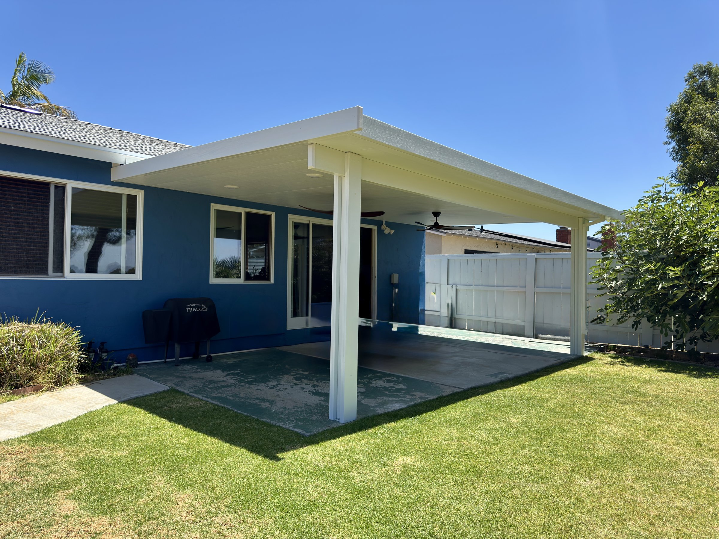 Southwest Builders - insulated Alumawood patio cover with LED lights and ceiling fans in Bay Ho, San Diego, CA