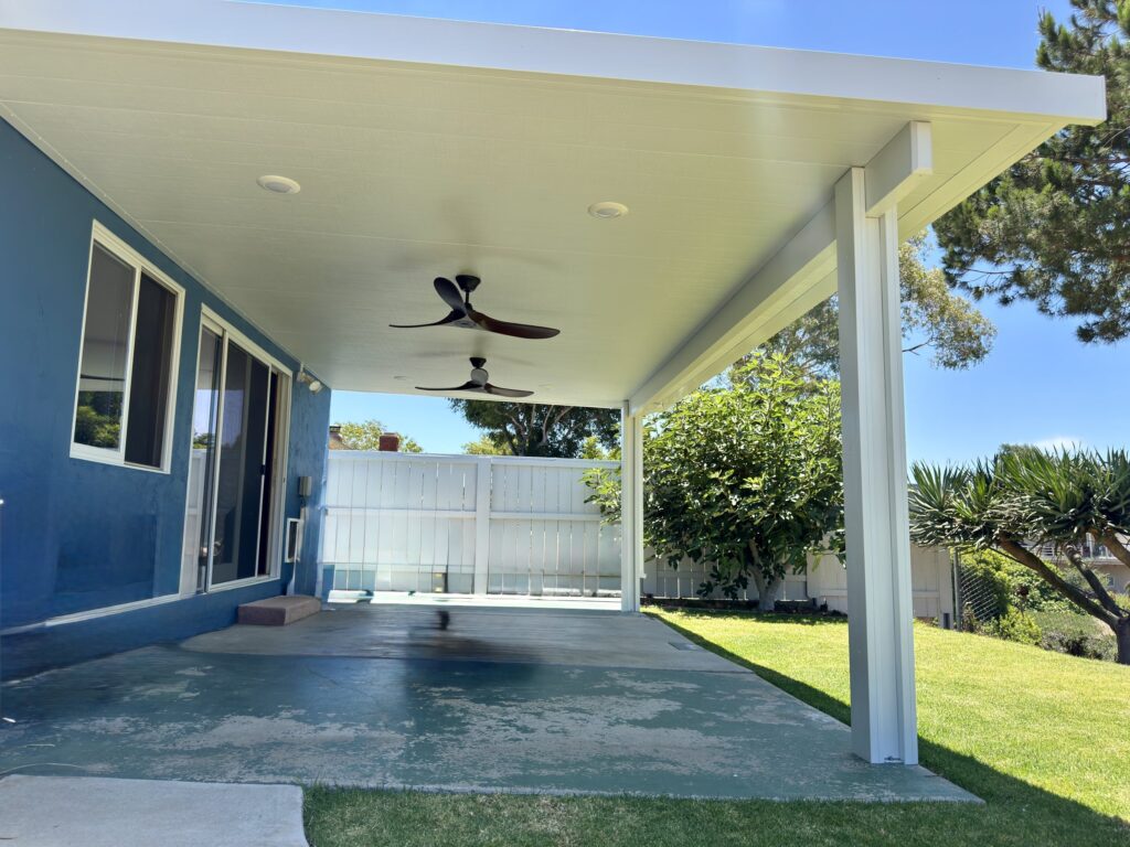 Southwest Builders - steel reinforced header beam on an Alumawood patio cover in San Diego, CA